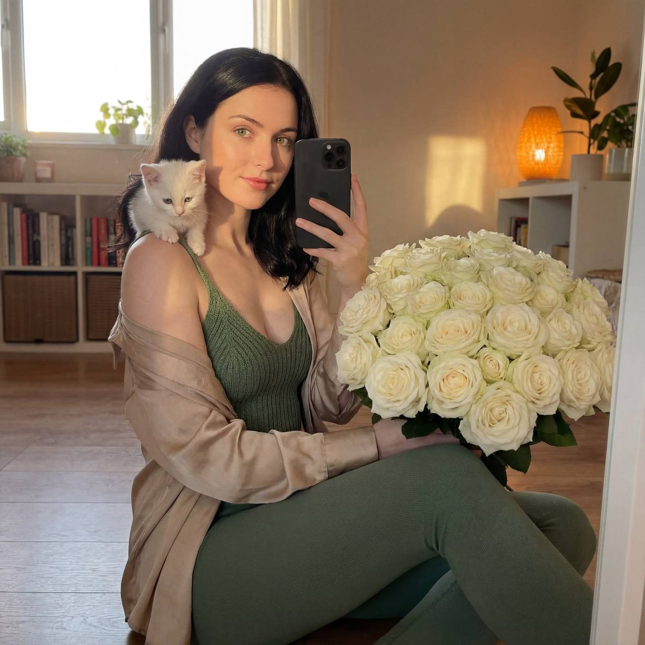 Green Knit Kitten Roses