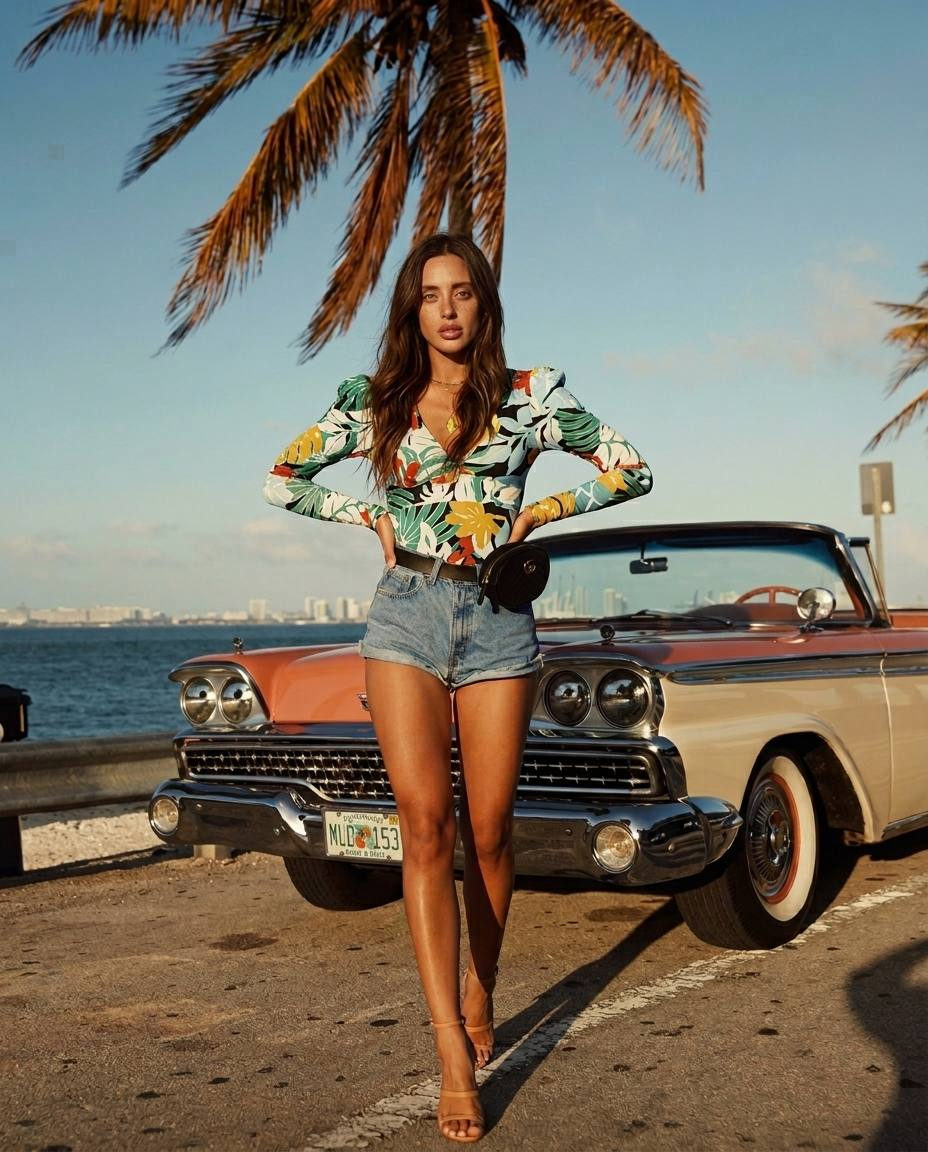Tropical Palm Vintage Car