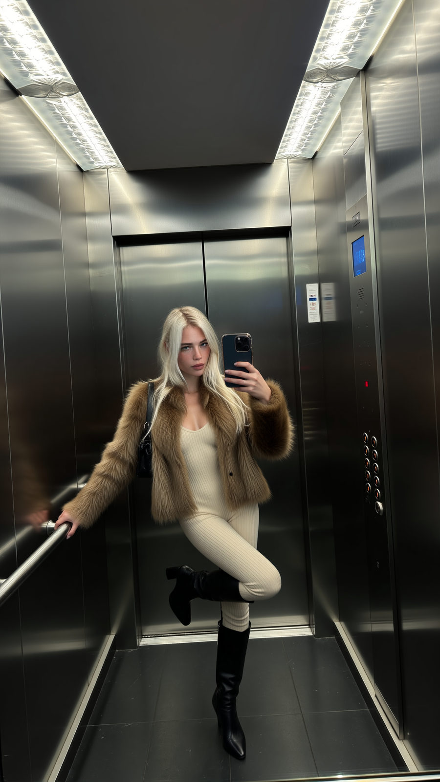 Elevator Mirror Selfie with Raised Leg