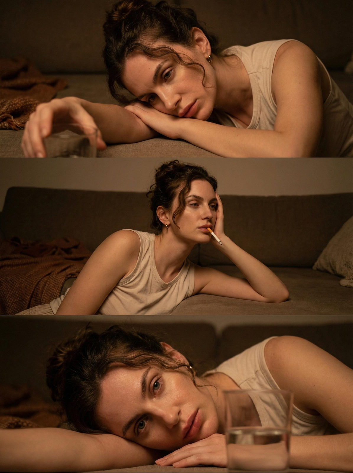 Cinematic Triptych Portrait of a Woman in Dimly Lit Interior