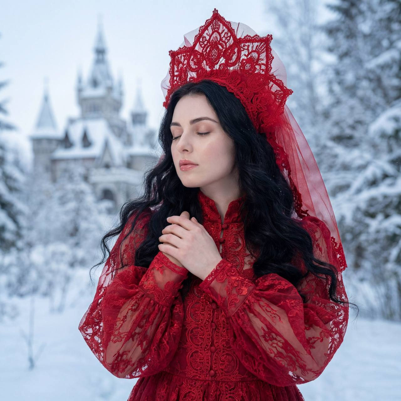 Red Lace Kokoshnik Forest