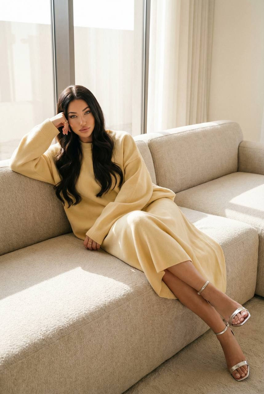 Yellow Knit Beige Sofa