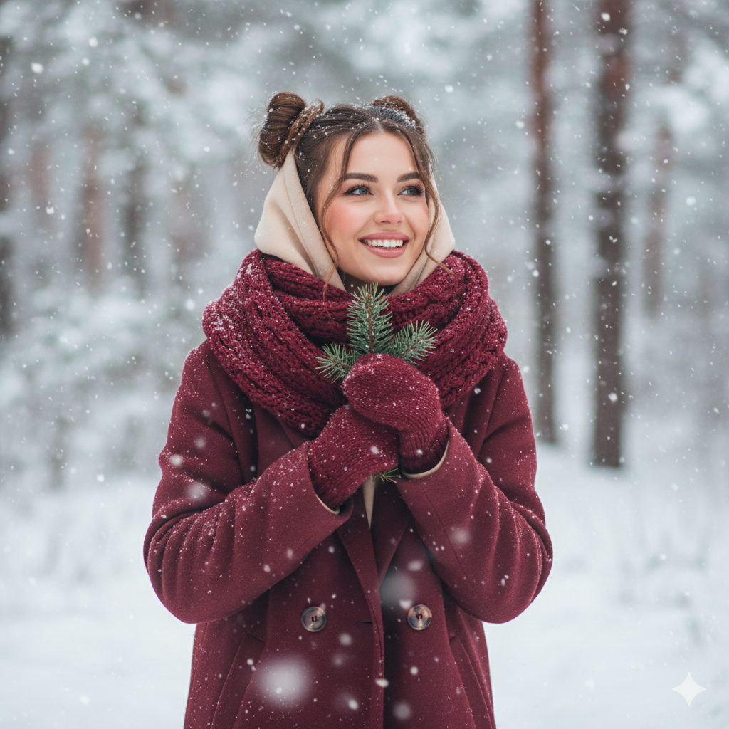 Burgundy Coat Snowy Forest