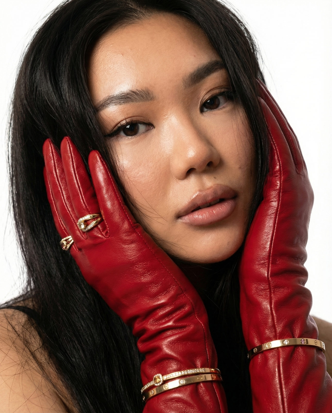 Red Leather Gloves Face