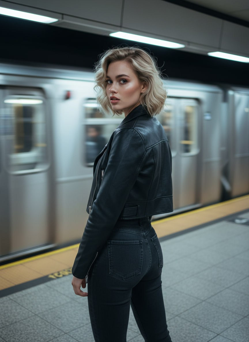 Confident Subway Portrait with Motion Blur Train