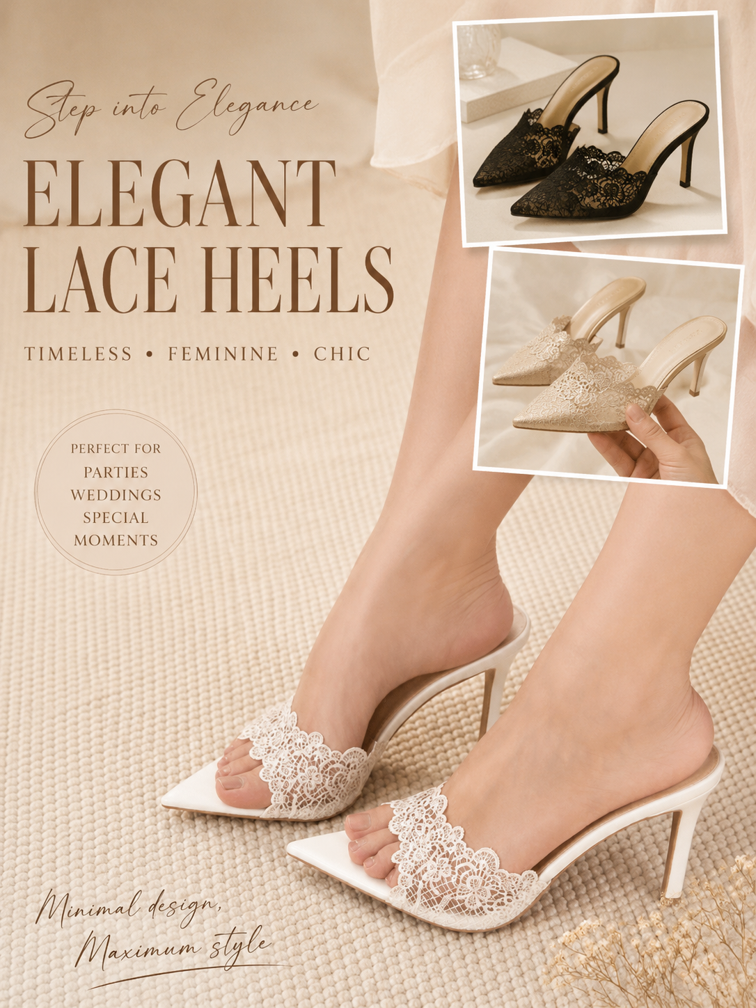 Luxury fashion footwear advertisement poster, elegant lace mule heels, p