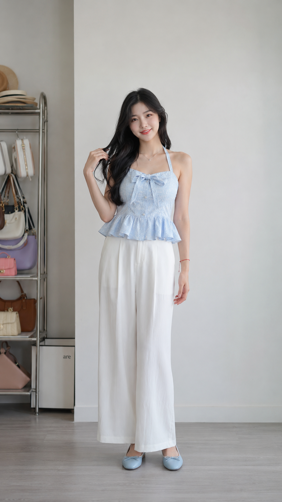 A full-body portrait of a beautiful young East Asian woman with long wav