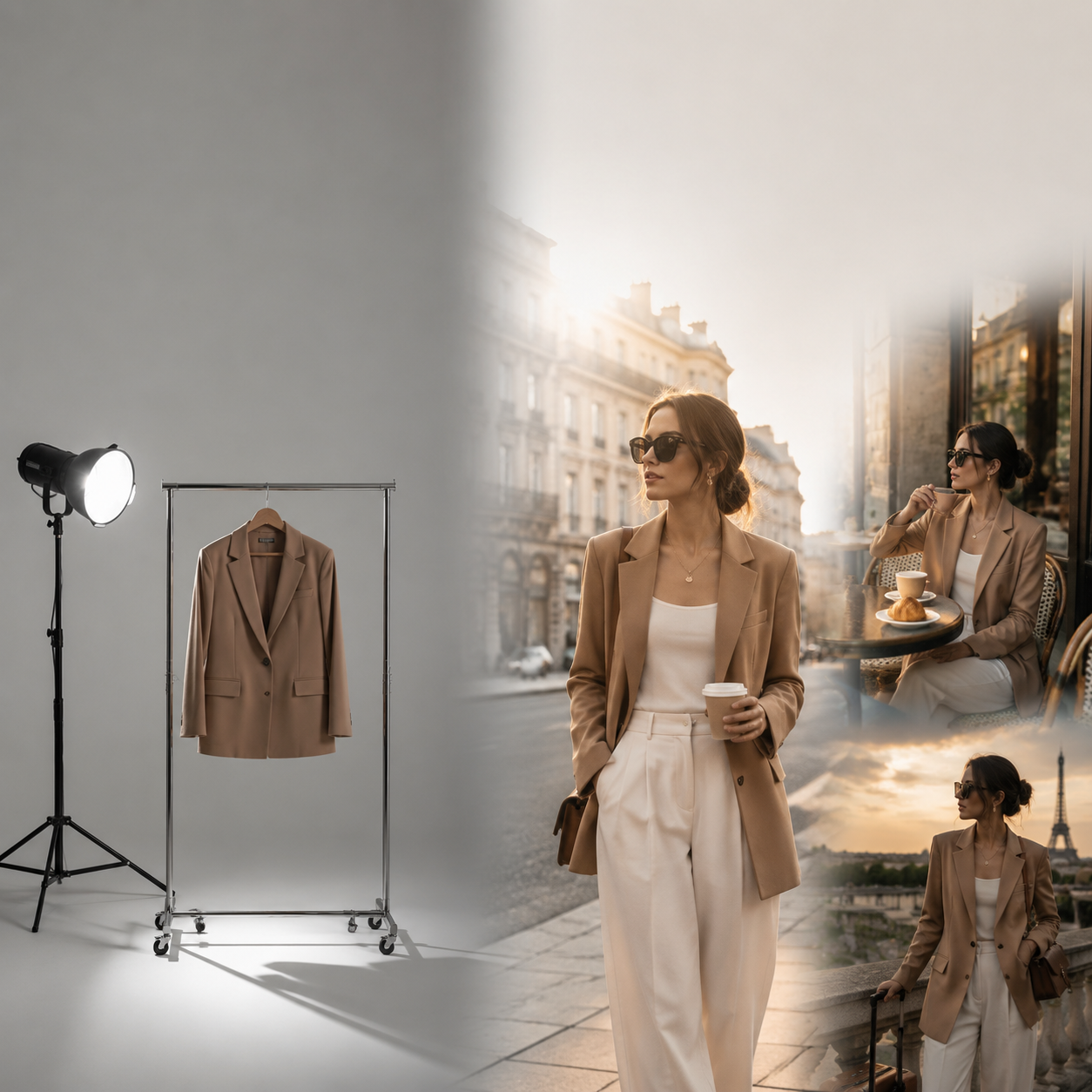 Studio vs world — empty photo studio compared with lifestyle fashion scenes