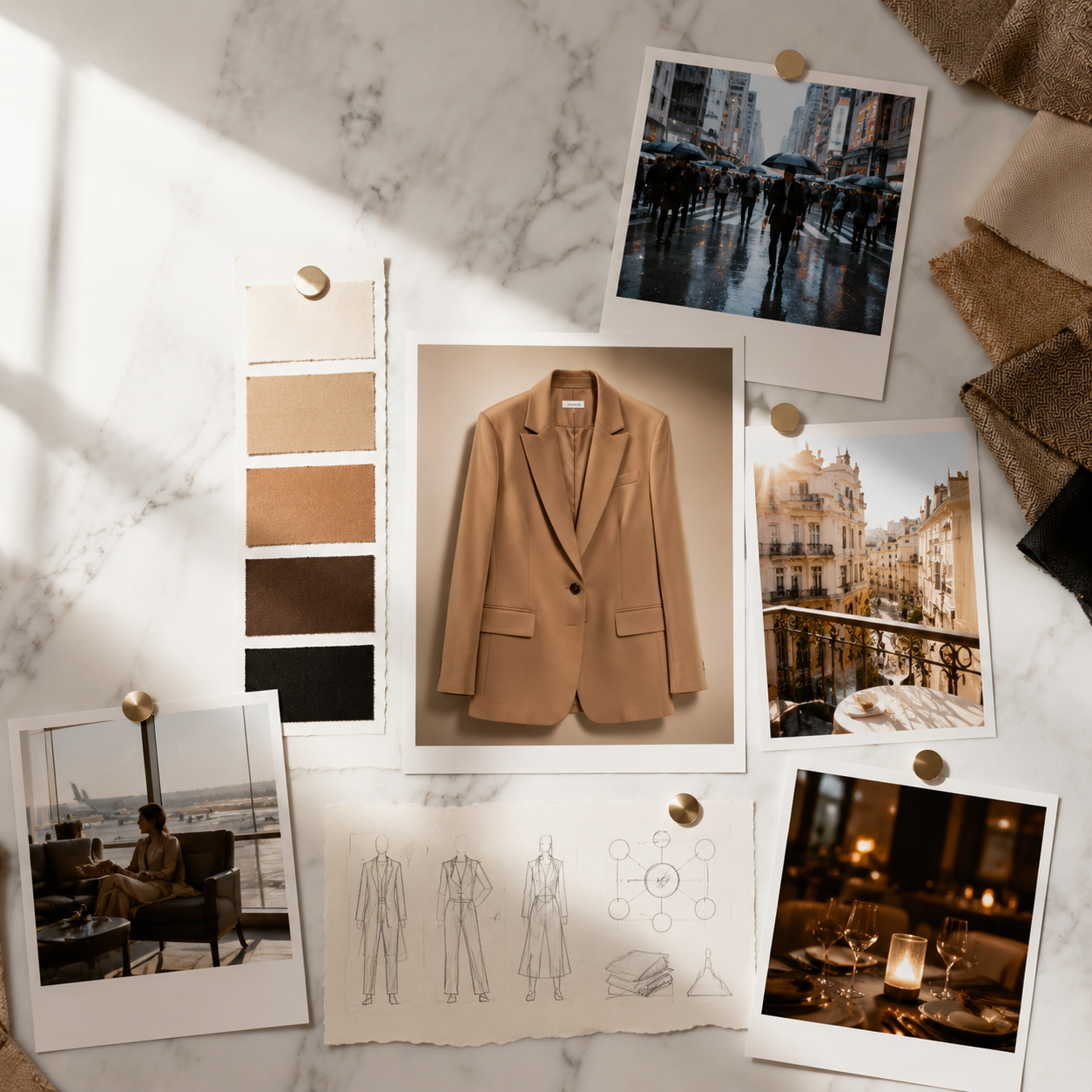 Fashion art director moodboard with blazer hero, lifestyle polaroids, and color swatches