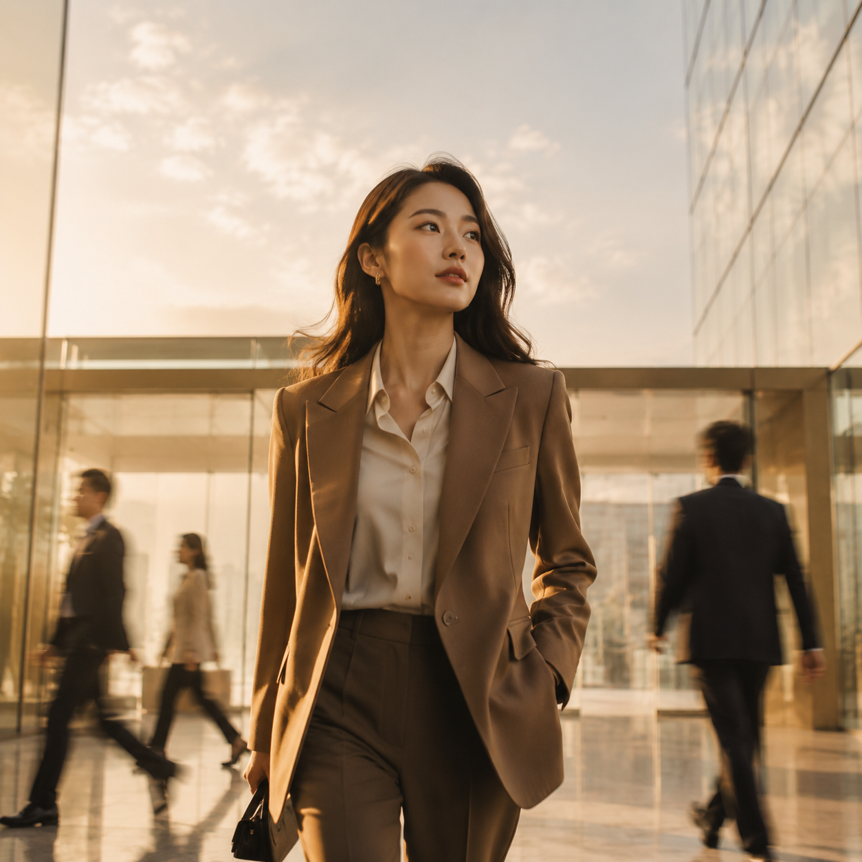 Monday momentum — professional in camel blazer, sunlit office lobby commute scene