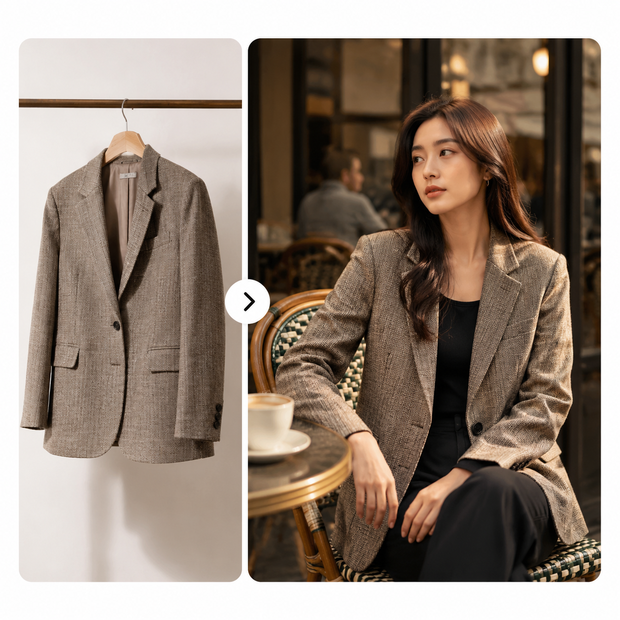 Blazer on hanger vs styled in outdoor café — product isolation vs lifestyle context