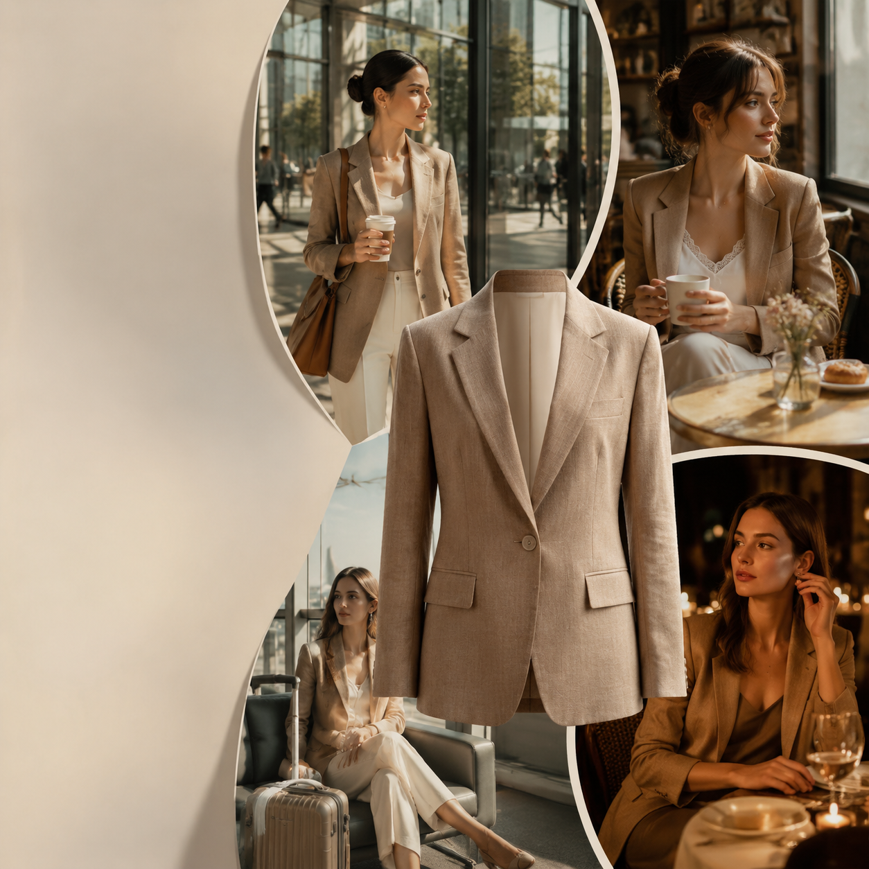 One blazer across four lifestyle worlds — lookbook scene collage